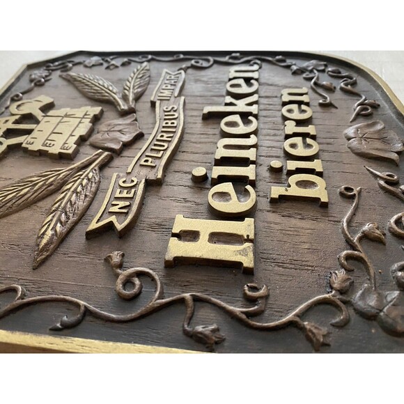 Vintage Heineken bieren Holland Beer Faux Wood Sign 12 x 11 Nec Pluribus Impar - Picture 2 of 7